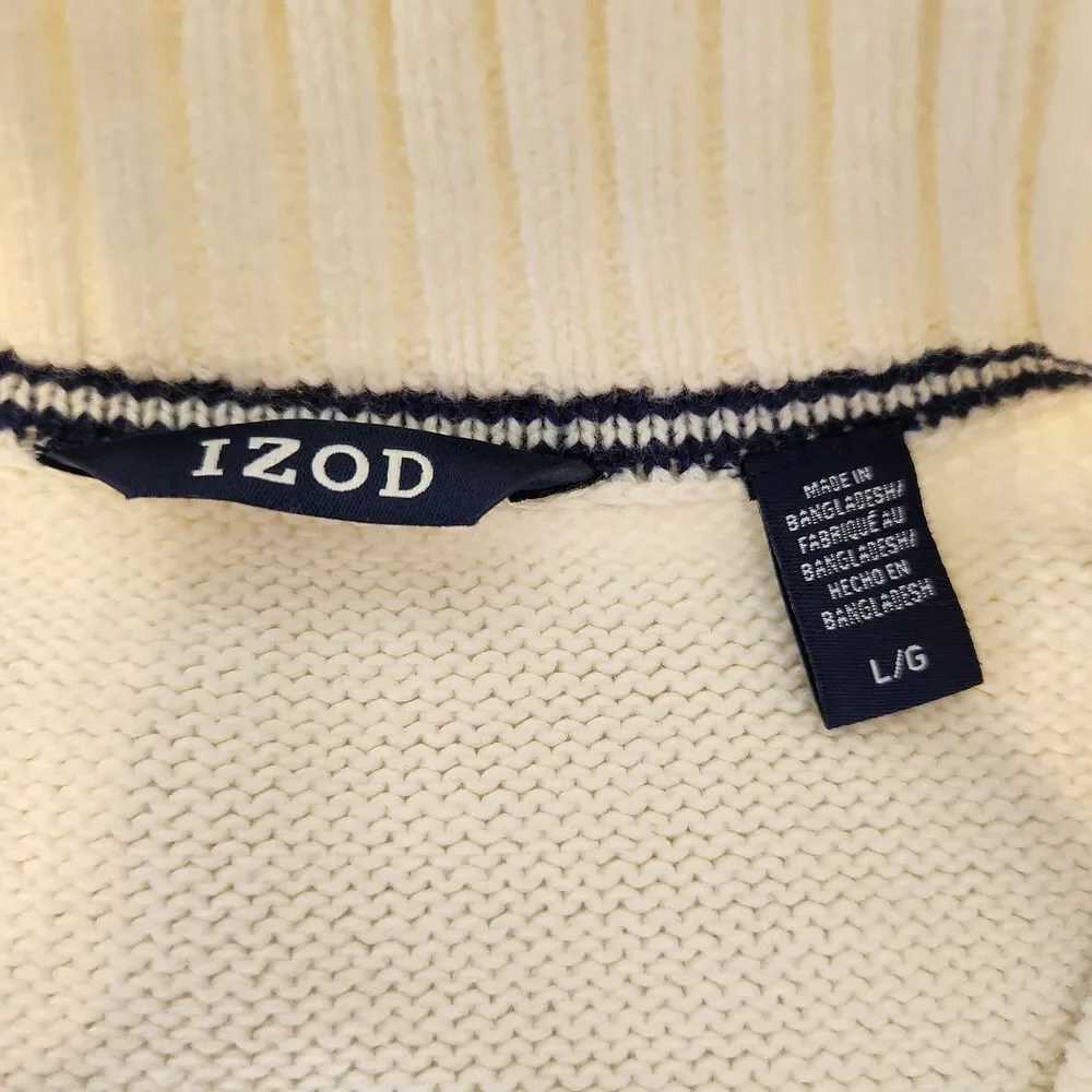 Izod Mens L Knit 1/4 Zip Sweater Ski Lodge Fair Isle Nordic Ivory Navy Red